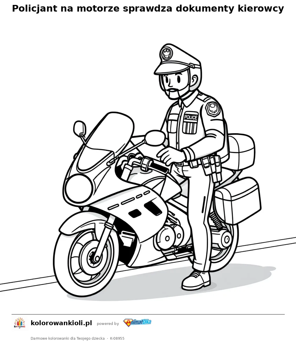 Policjant na motorze sprawdza dokumenty kierowcy — kolorowanka do wydruku dla dzieci