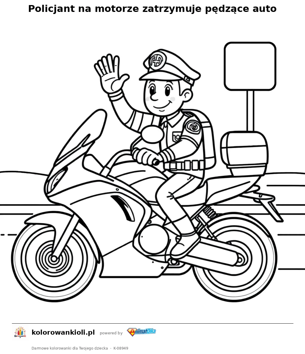Policjant na motorze zatrzymuje pędzące auto — kolorowanka do wydruku dla dzieci