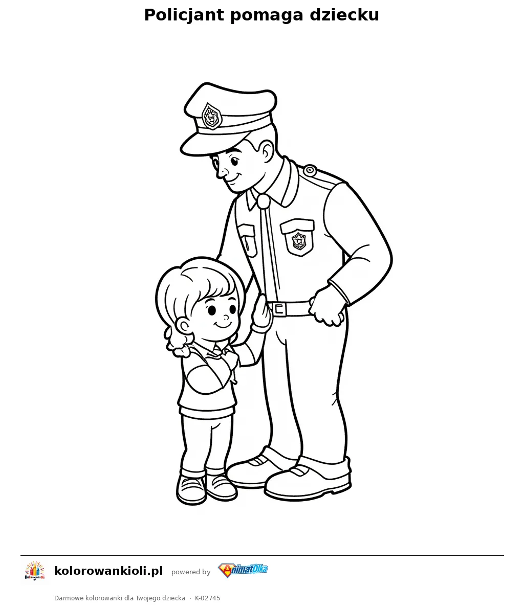 Policjant pomaga dziecku — kolorowanka do wydruku dla dzieci