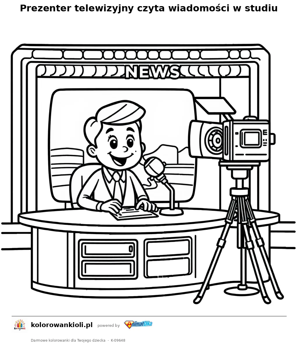 Prezenter telewizyjny czyta wiadomości w studiu — kolorowanka do wydruku dla dzieci
