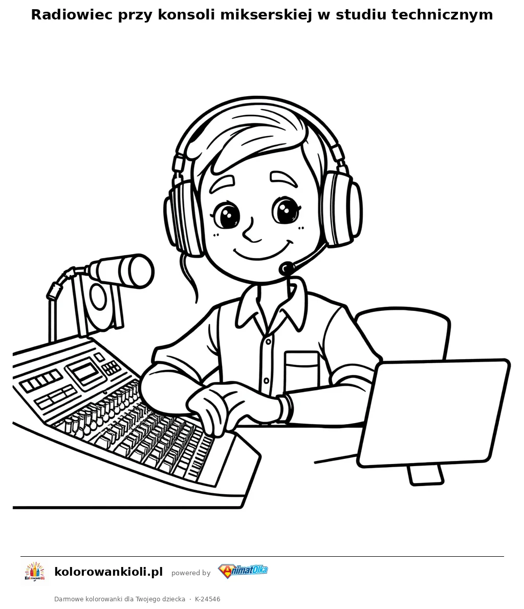 Radiowiec przy konsoli mikserskiej w studiu technicznym — kolorowanka do wydruku dla dzieci