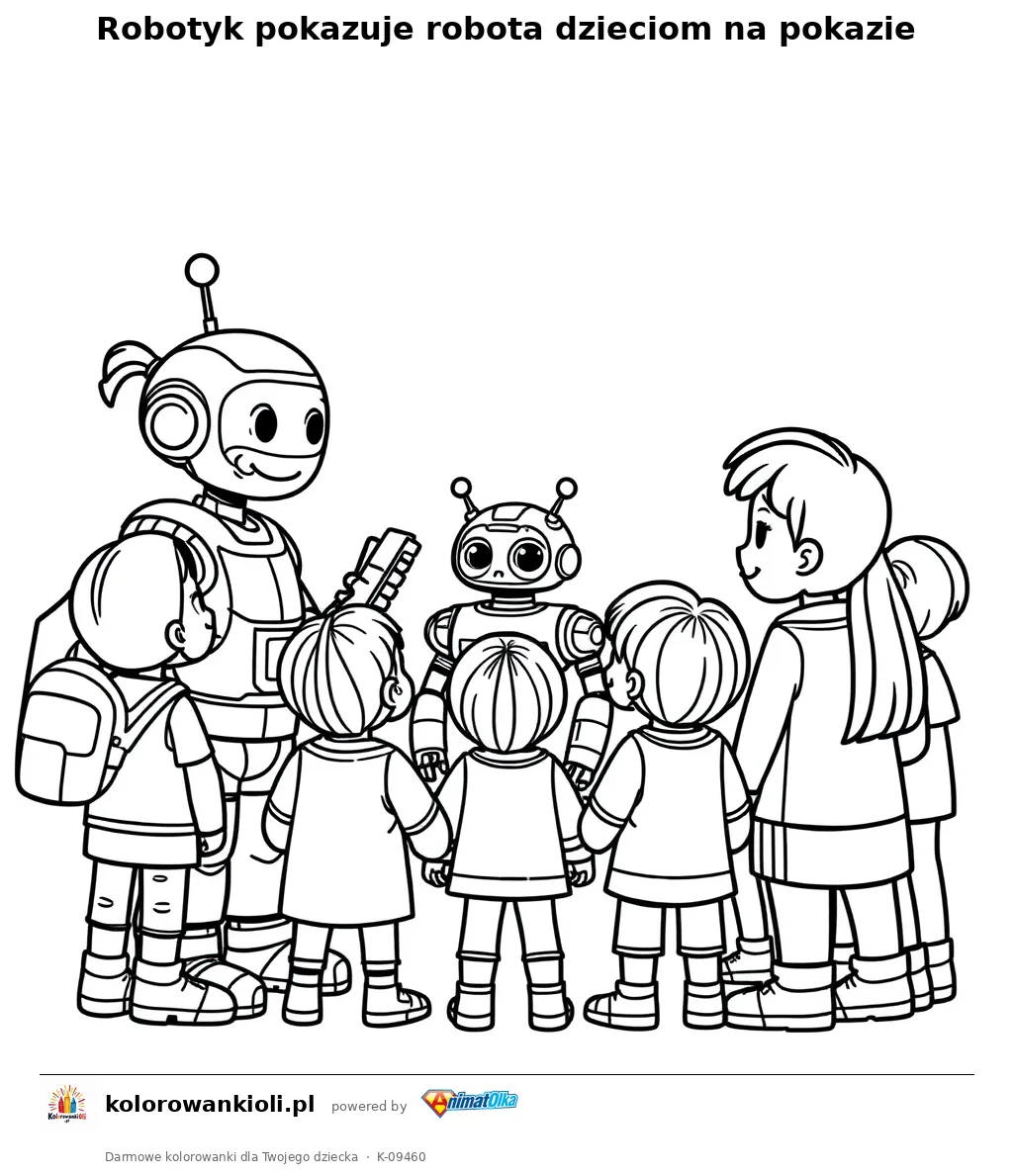 Robotyk pokazuje robota dzieciom na pokazie — kolorowanka do wydruku dla dzieci