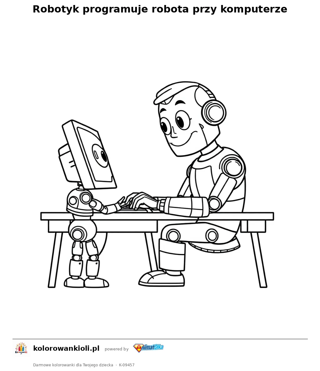 Robotyk programuje robota przy komputerze — kolorowanka do wydruku dla dzieci