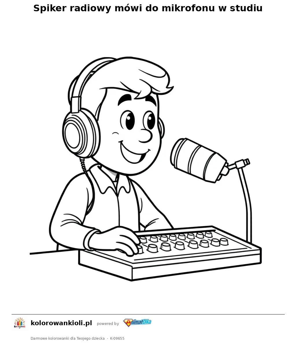 Spiker radiowy mówi do mikrofonu w studiu — kolorowanka do wydruku dla dzieci