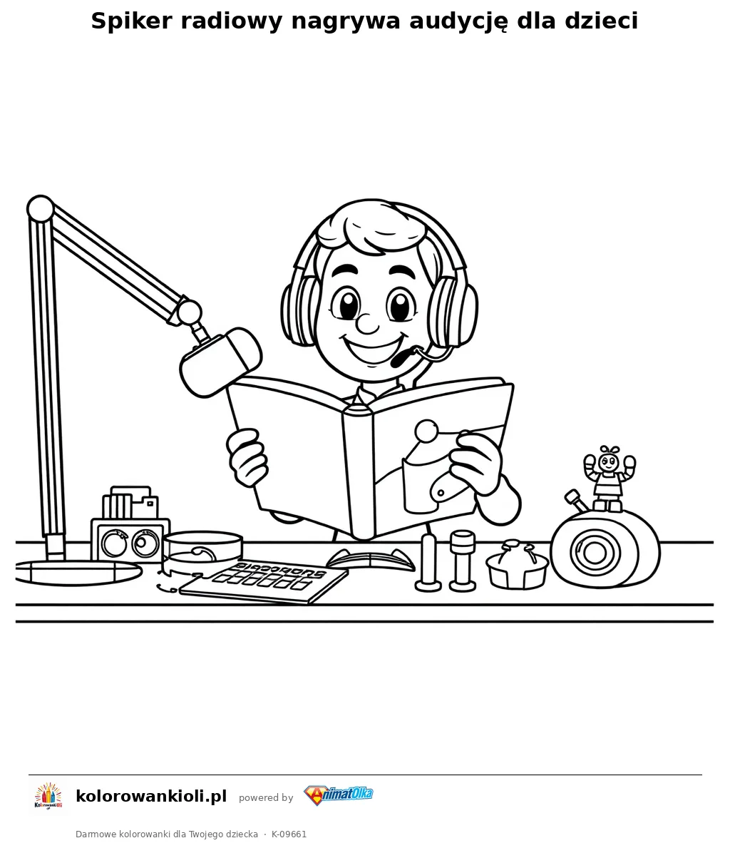 Spiker radiowy nagrywa audycję dla dzieci — kolorowanka do wydruku dla dzieci