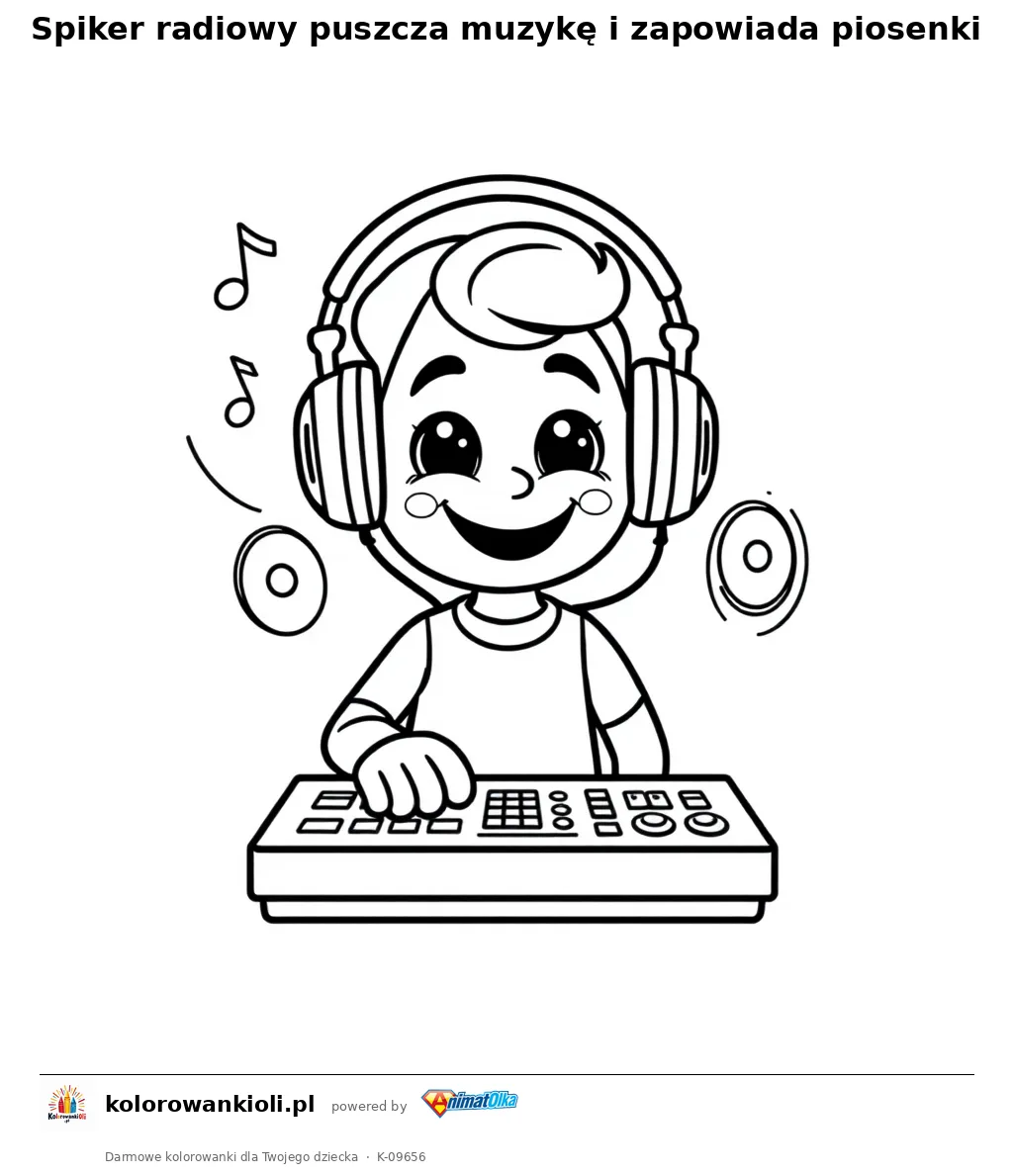 Spiker radiowy puszcza muzykę i zapowiada piosenki — kolorowanka do wydruku dla dzieci