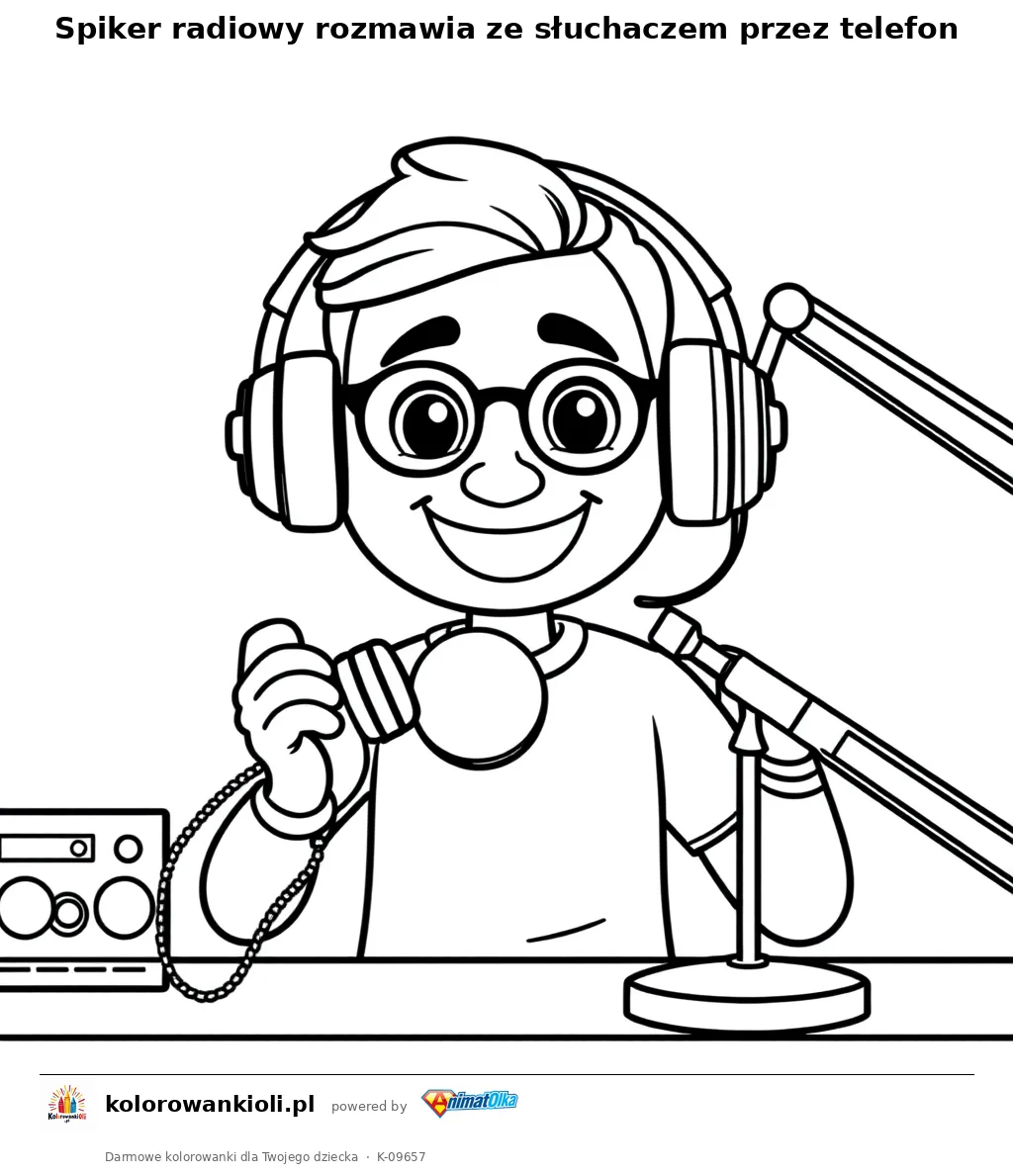 Spiker radiowy rozmawia ze słuchaczem przez telefon — kolorowanka do wydruku dla dzieci