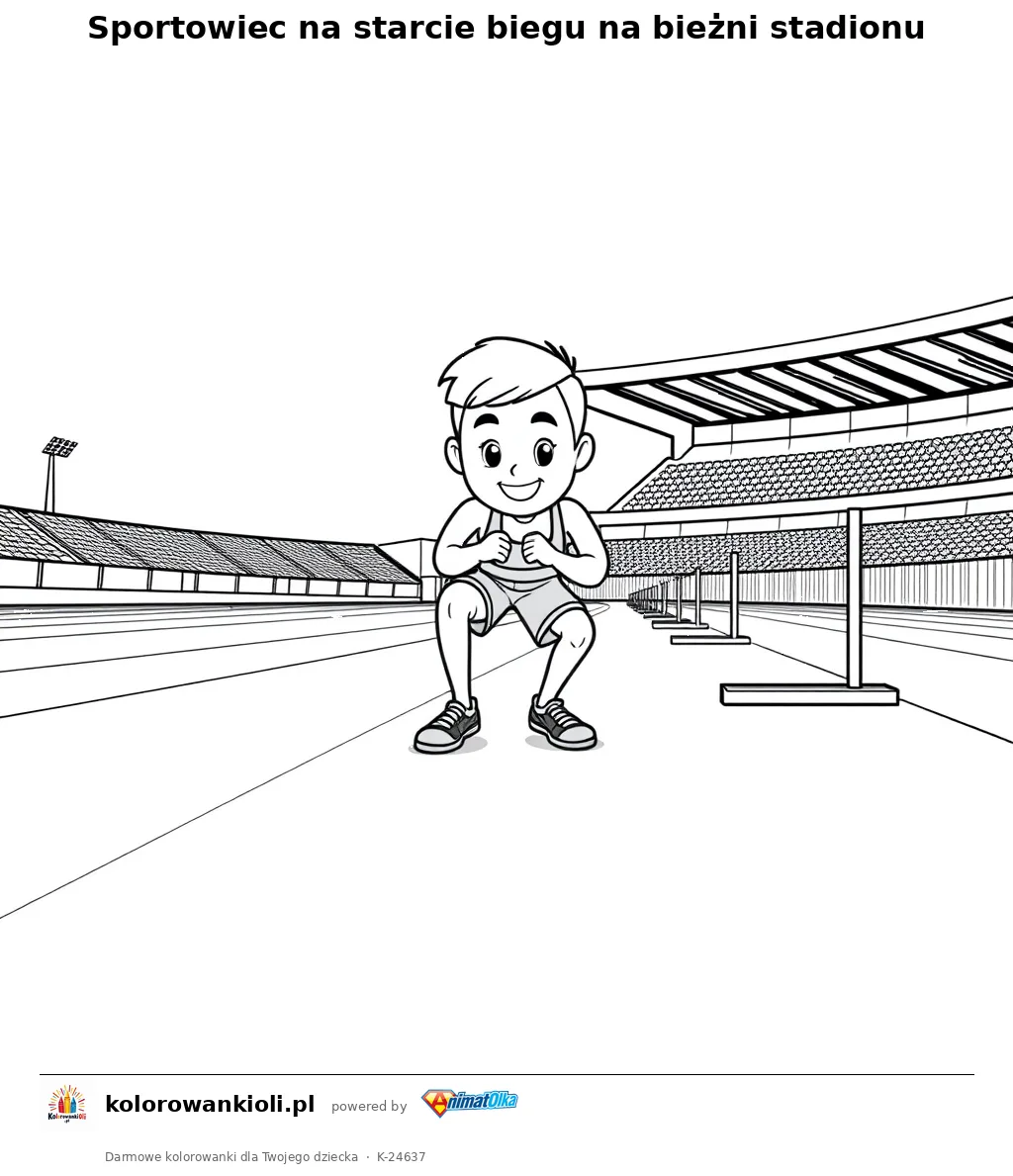 Sportowiec na starcie biegu na bieżni stadionu — kolorowanka do wydruku dla dzieci