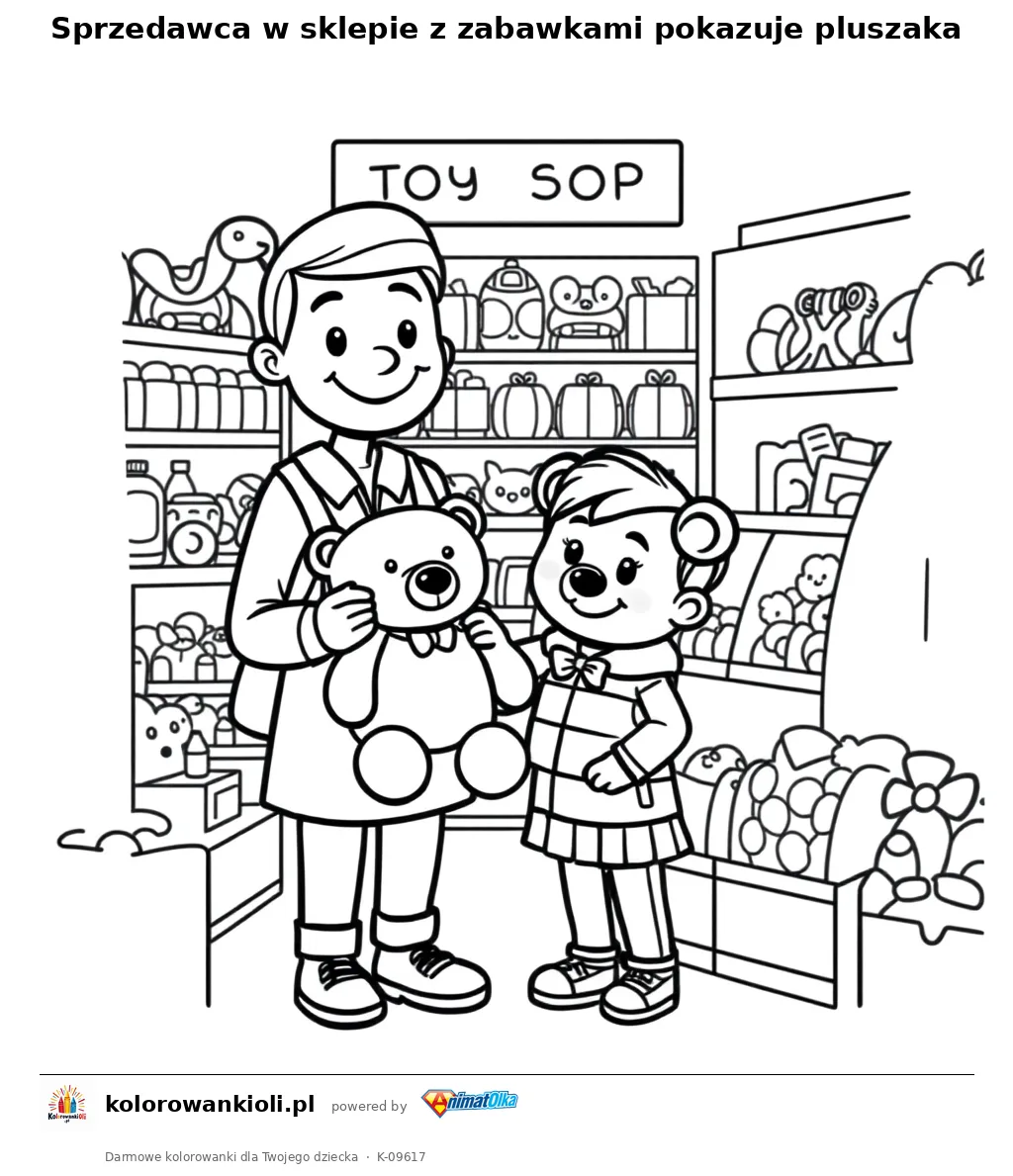 Sprzedawca w sklepie z zabawkami pokazuje pluszaka — kolorowanka do wydruku dla dzieci