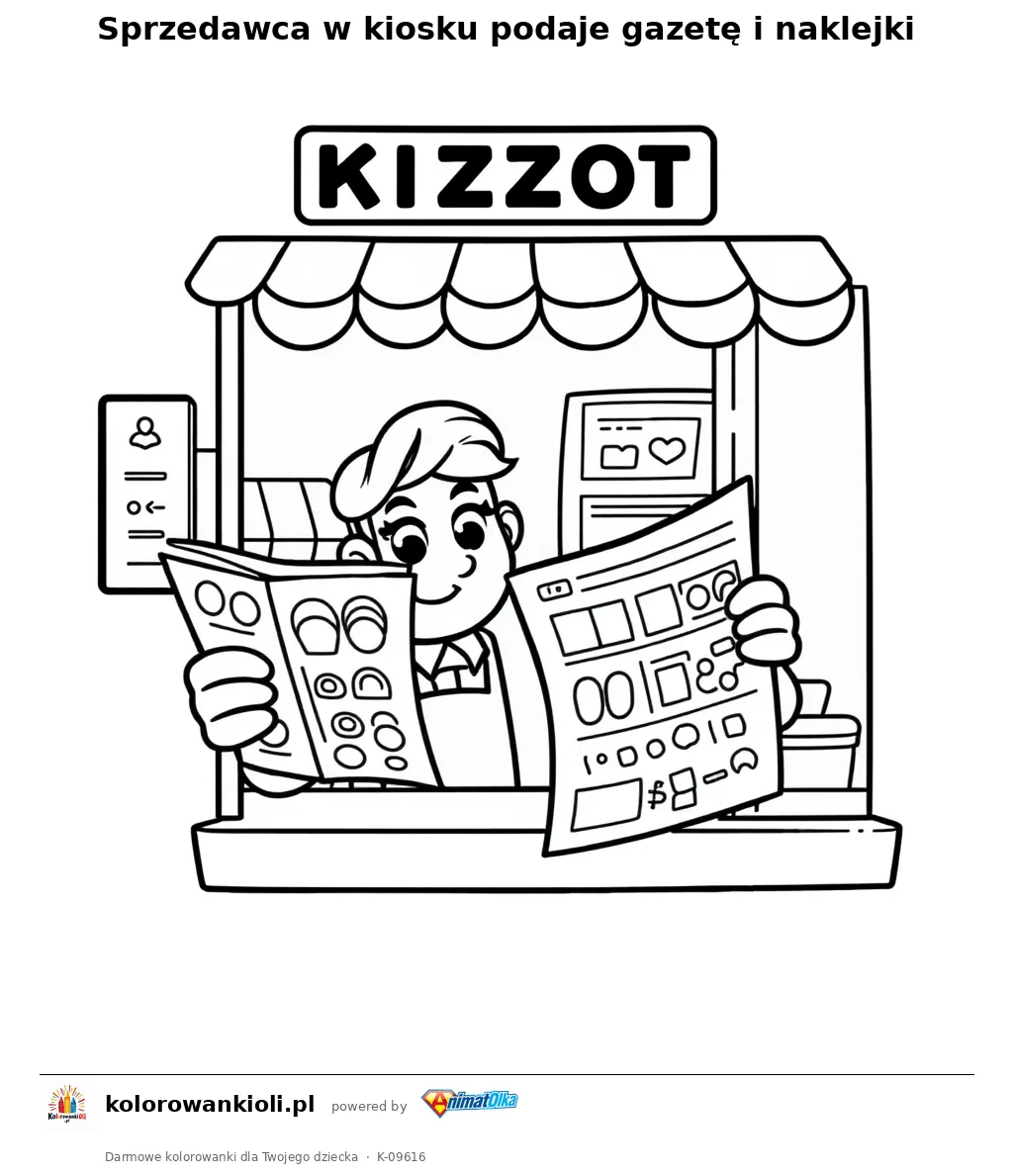 Sprzedawca w kiosku podaje gazetę i naklejki — kolorowanka do wydruku dla dzieci