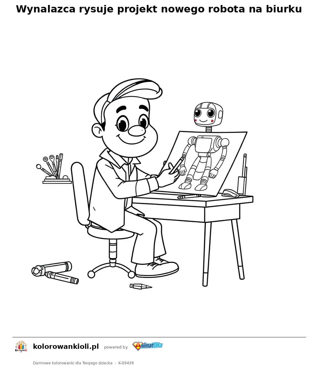 Wynalazca rysuje projekt nowego robota na biurku — kolorowanka do wydruku dla dzieci
