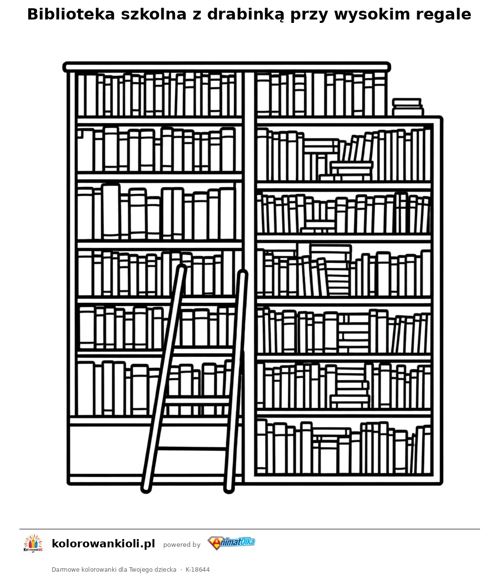 Biblioteka szkolna z drabinką przy wysokim regale — kolorowanka do wydruku dla dzieci