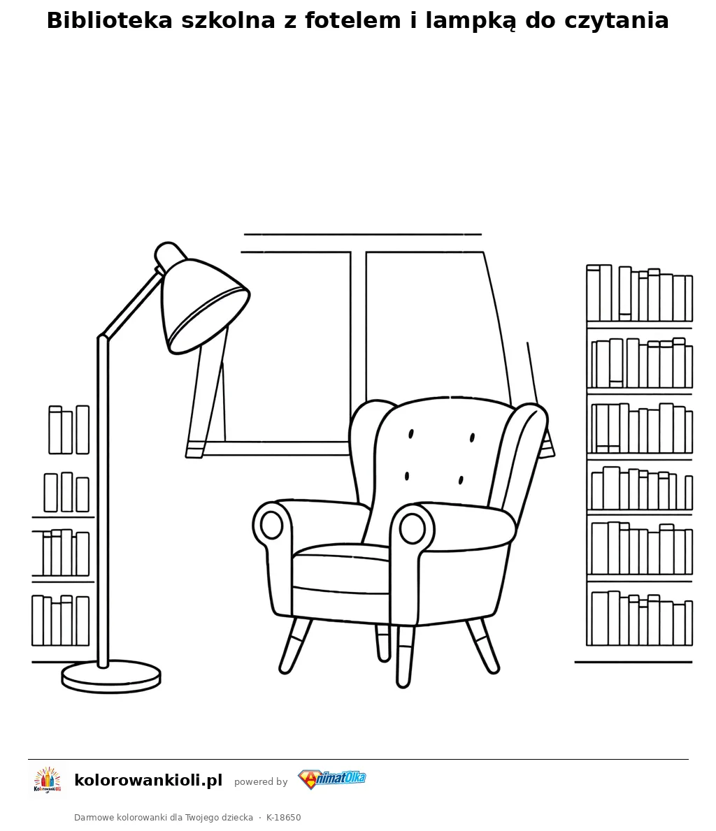 Biblioteka szkolna z fotelem i lampką do czytania — kolorowanka do wydruku dla dzieci