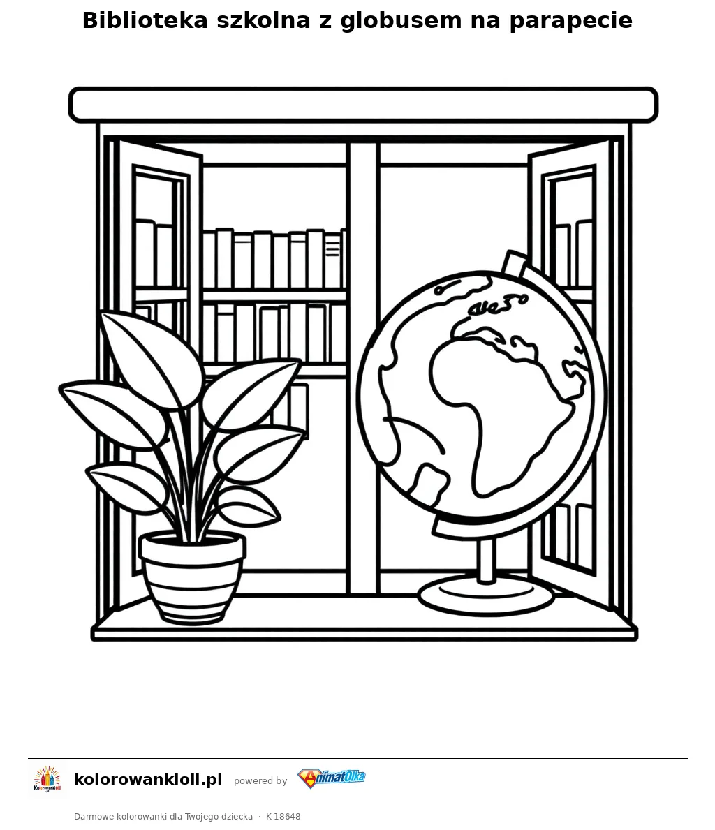 Biblioteka szkolna z globusem na parapecie — kolorowanka do wydruku dla dzieci
