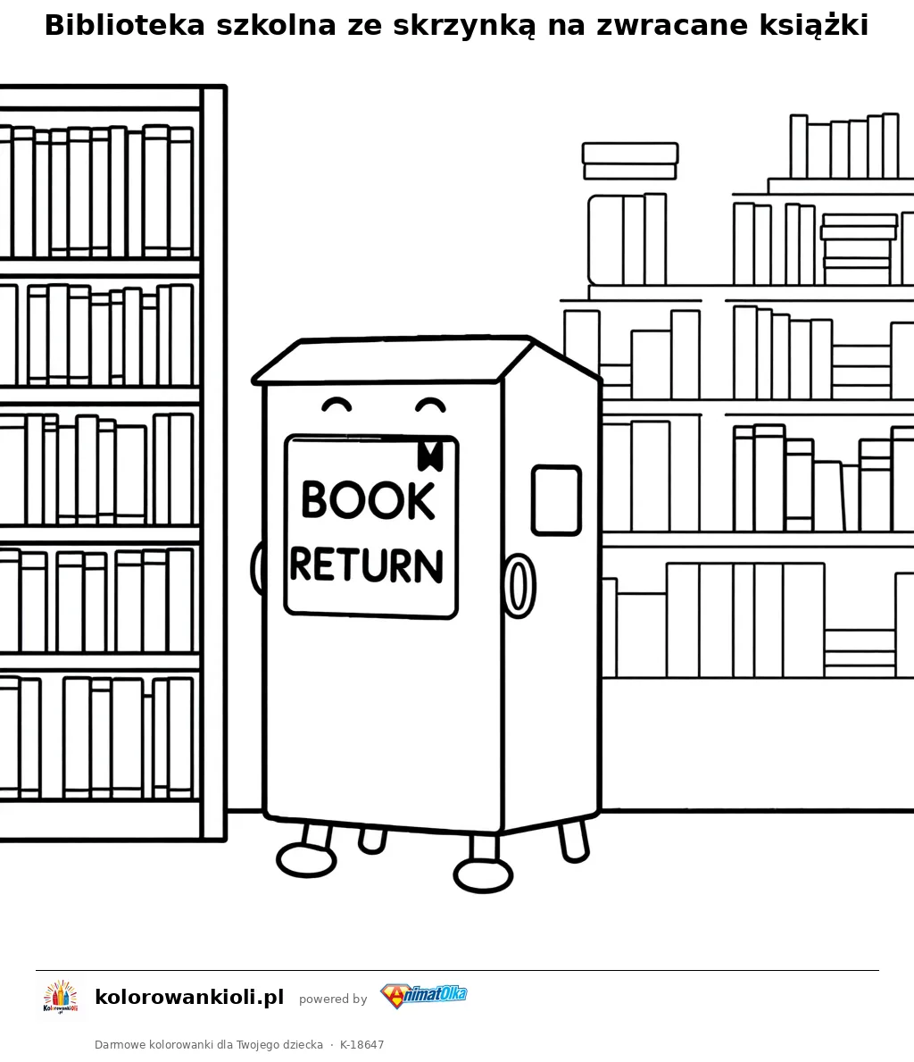 Biblioteka szkolna ze skrzynką na zwracane książki — kolorowanka do wydruku dla dzieci