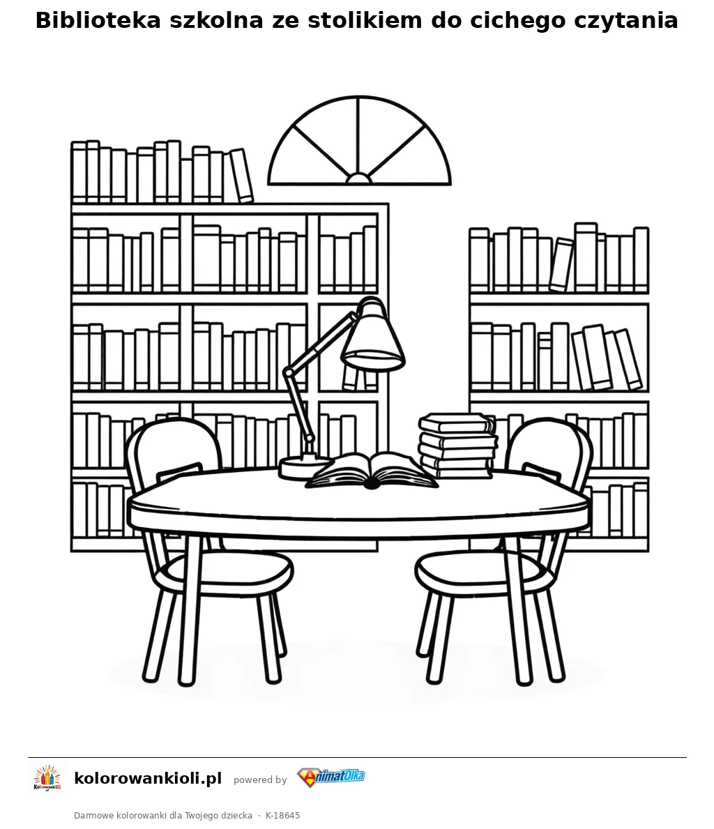Biblioteka szkolna ze stolikiem do cichego czytania — kolorowanka do wydruku dla dzieci