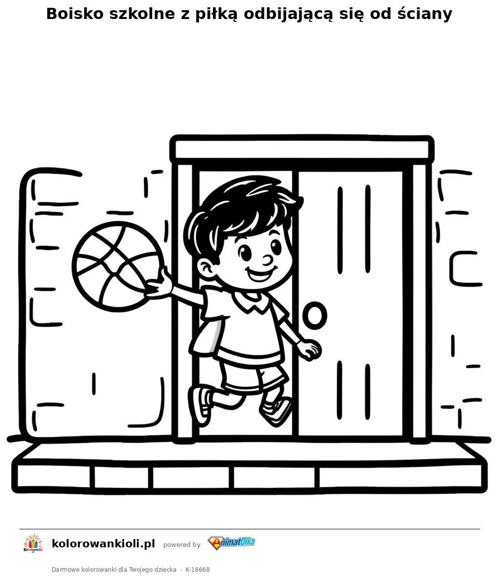 Boisko szkolne z piłką odbijającą się od ściany — kolorowanka do wydruku dla dzieci