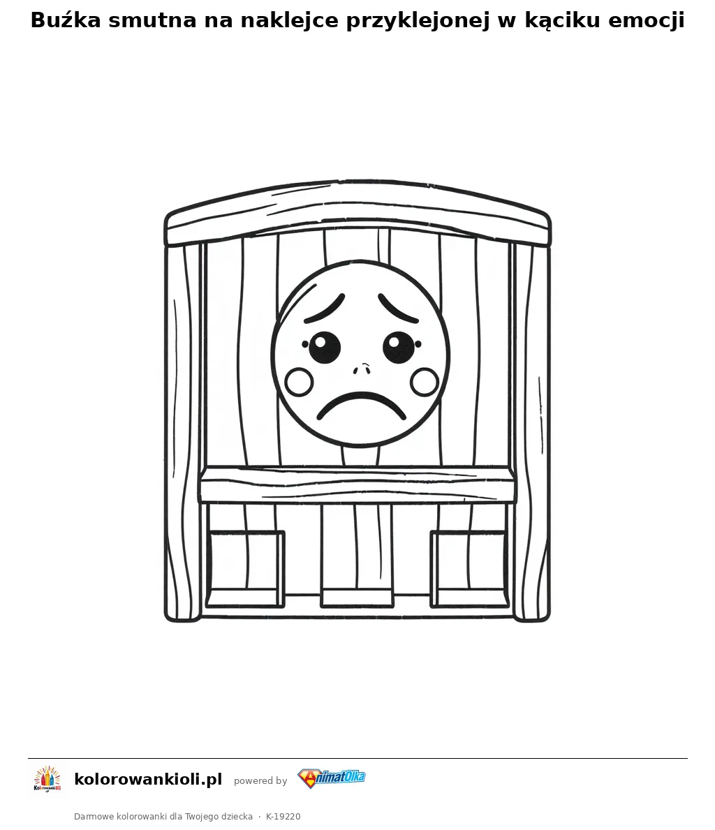 Buźka smutna na naklejce przyklejonej w kąciku emocji — kolorowanka do wydruku dla dzieci