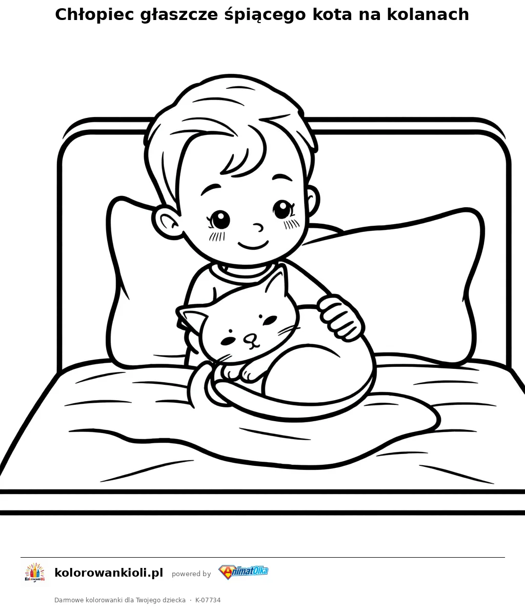 Chłopiec głaszcze śpiącego kota na kolanach — kolorowanka do wydruku dla dzieci