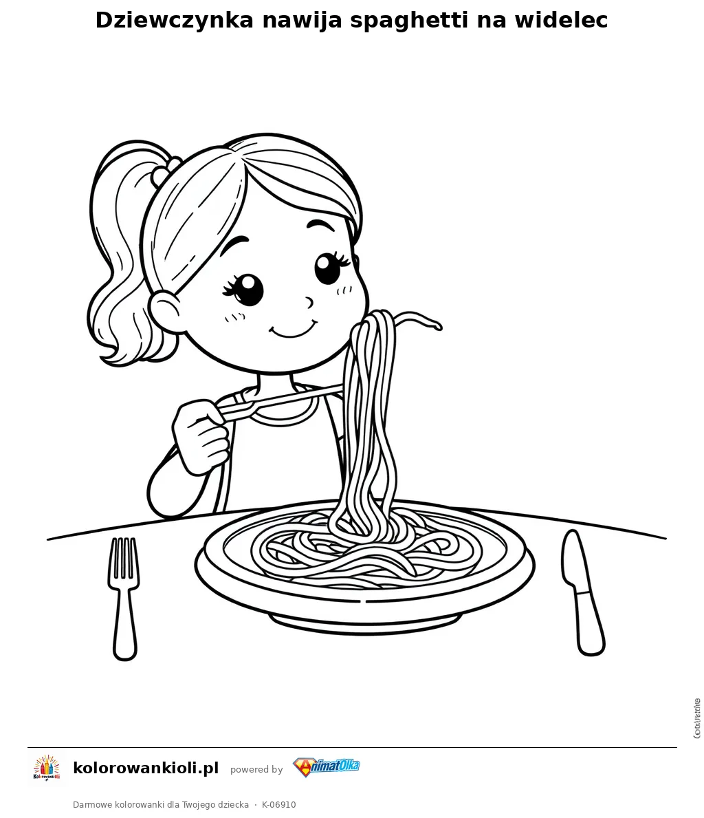 Dziewczynka nawija spaghetti na widelec — kolorowanka do wydruku dla dzieci