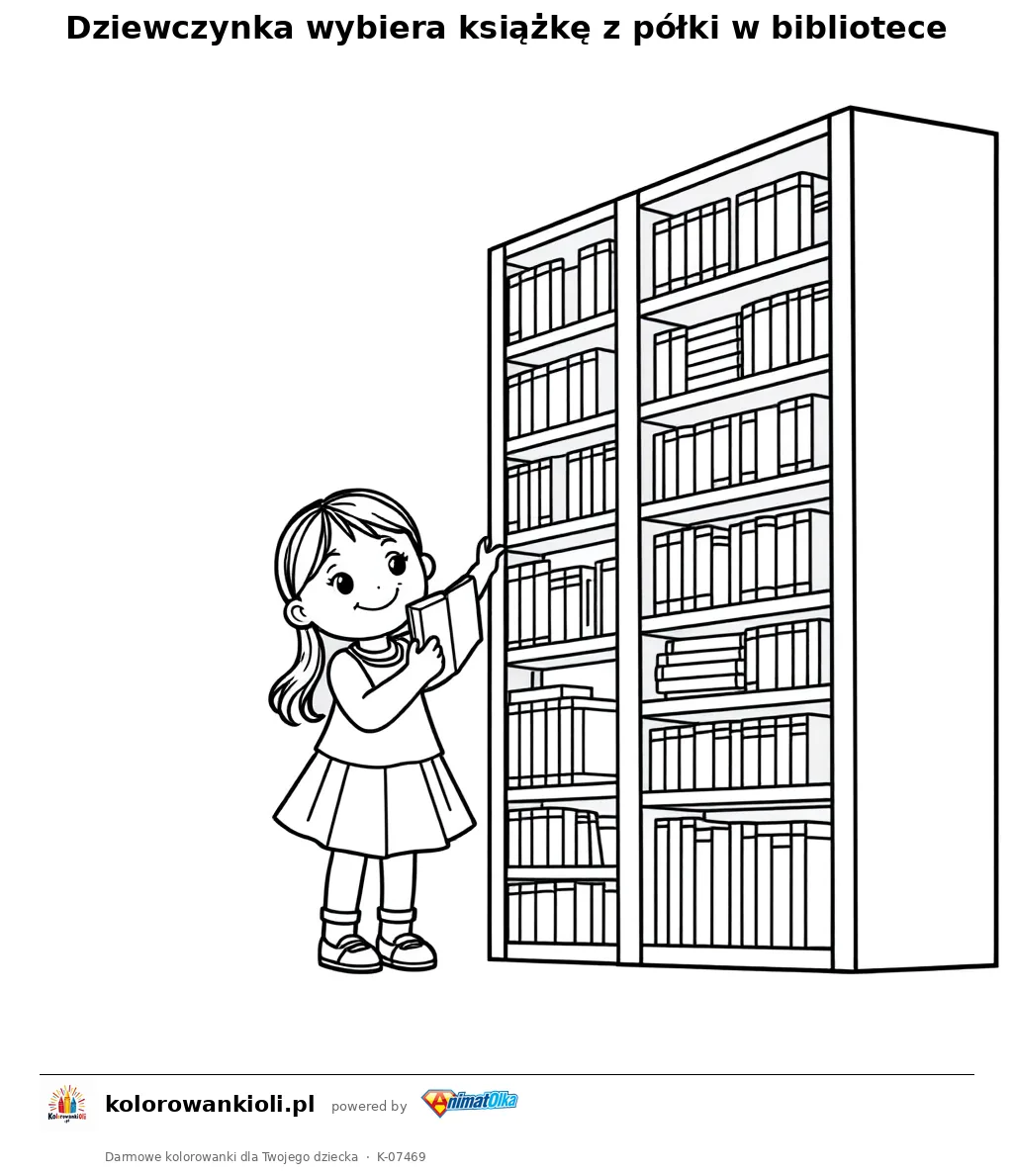 Dziewczynka wybiera książkę z półki w bibliotece — kolorowanka do wydruku dla dzieci