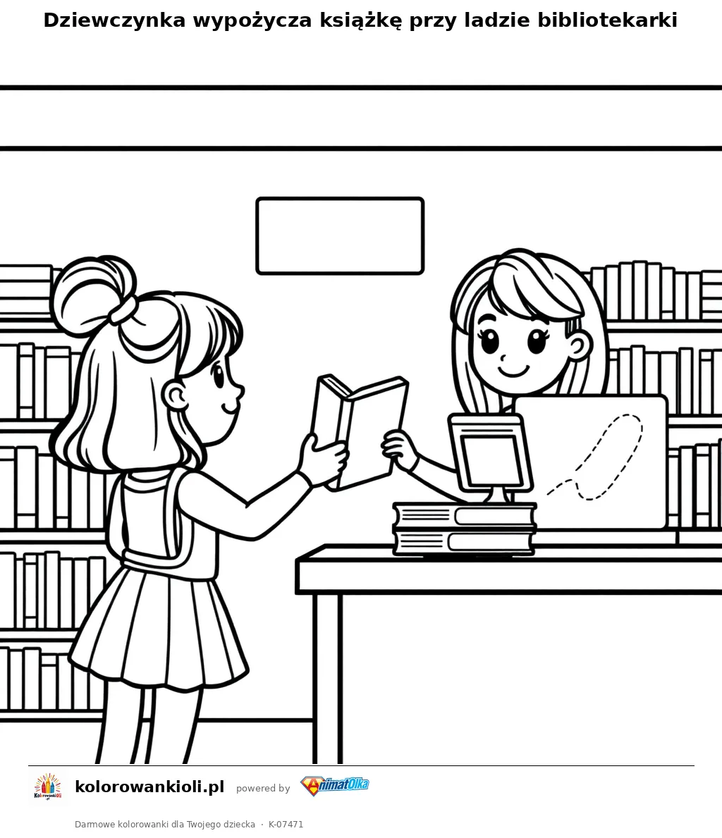 Dziewczynka wypożycza książkę przy ladzie bibliotekarki — kolorowanka do wydruku dla dzieci