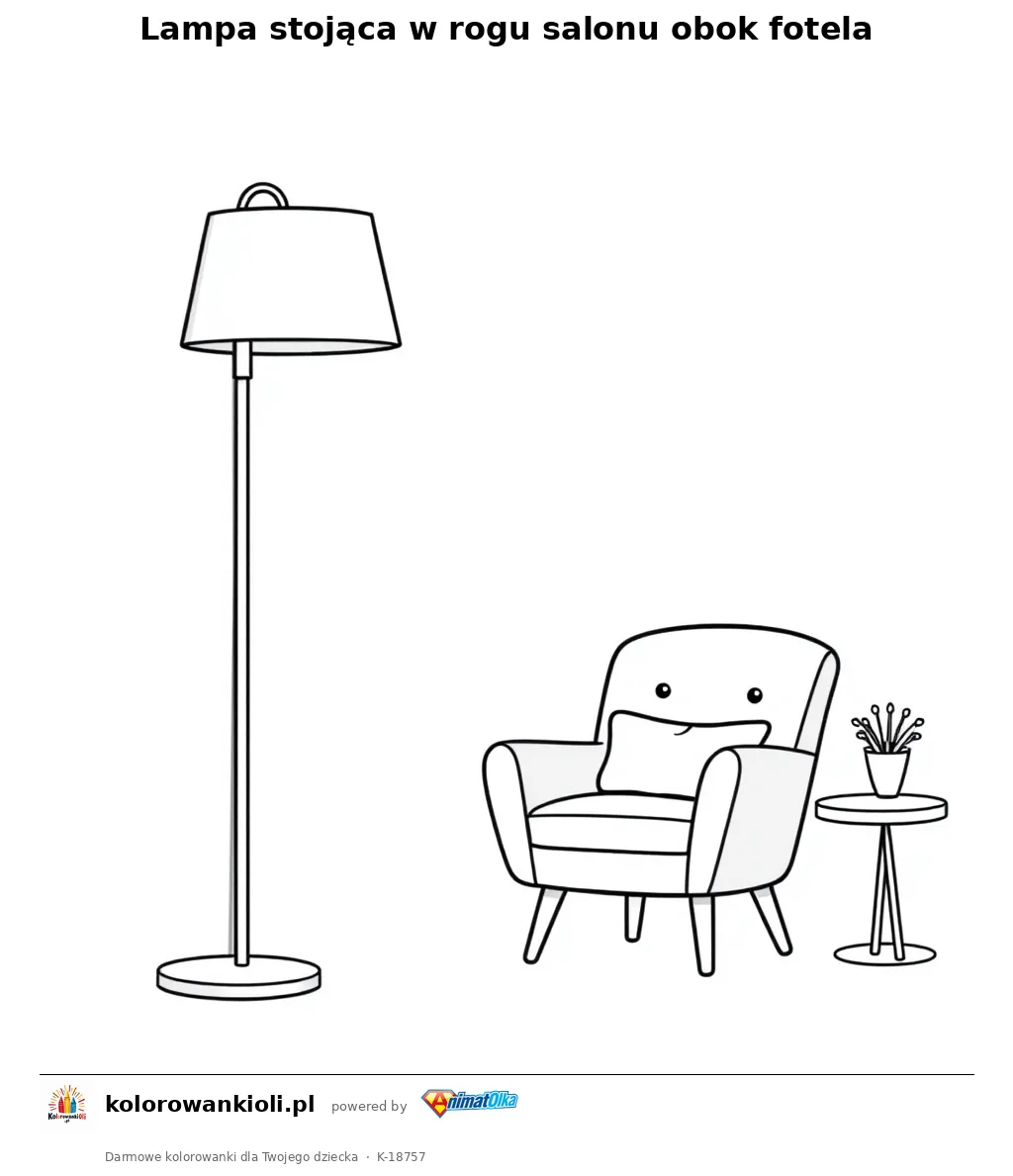 Lampa stojąca w rogu salonu obok fotela — kolorowanka do wydruku dla dzieci