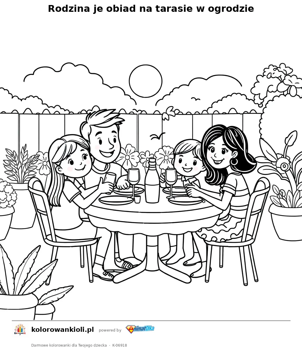 Rodzina je obiad na tarasie w ogrodzie — kolorowanka do wydruku dla dzieci