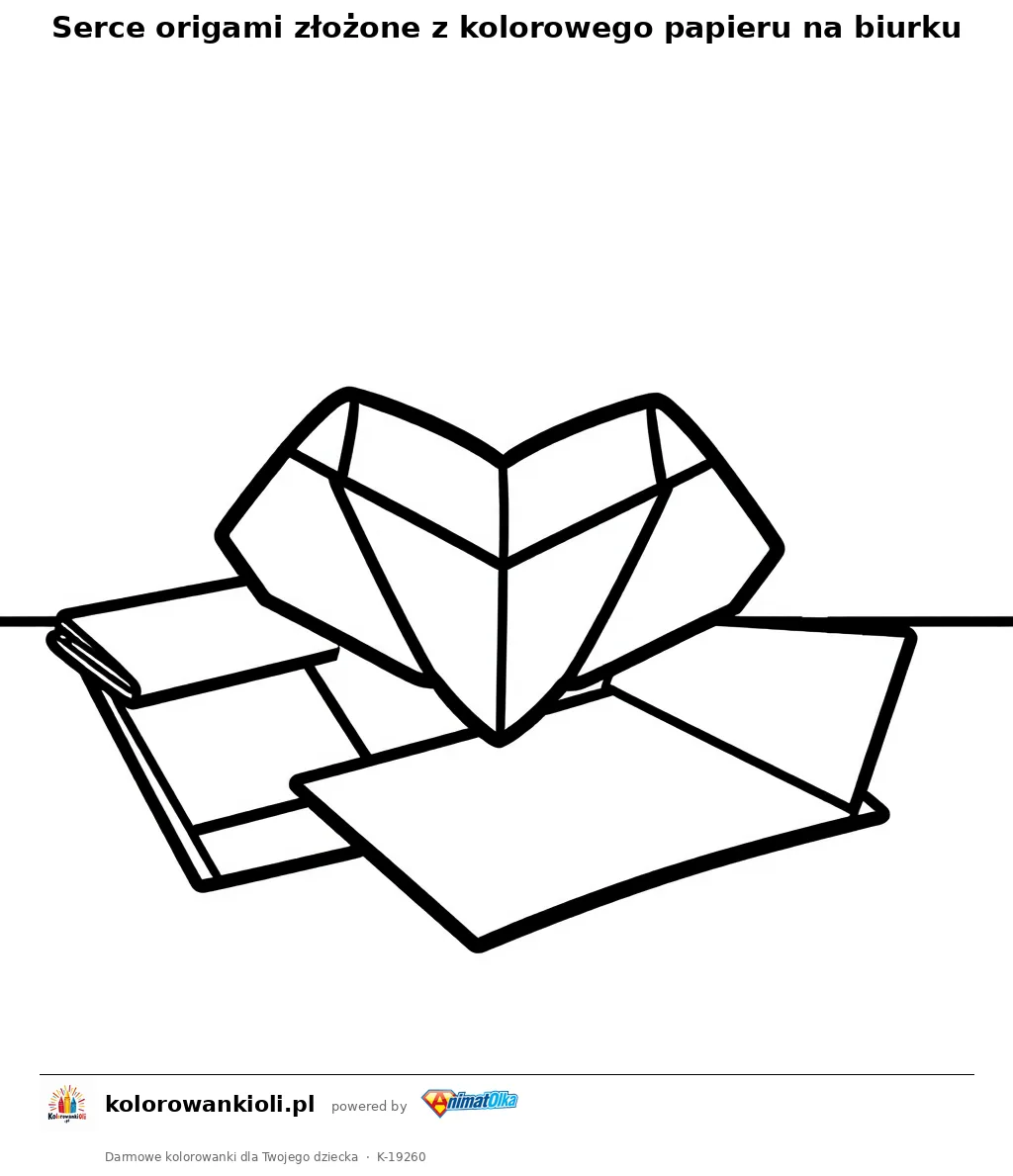 Serce origami złożone z kolorowego papieru na biurku — kolorowanka do wydruku dla dzieci