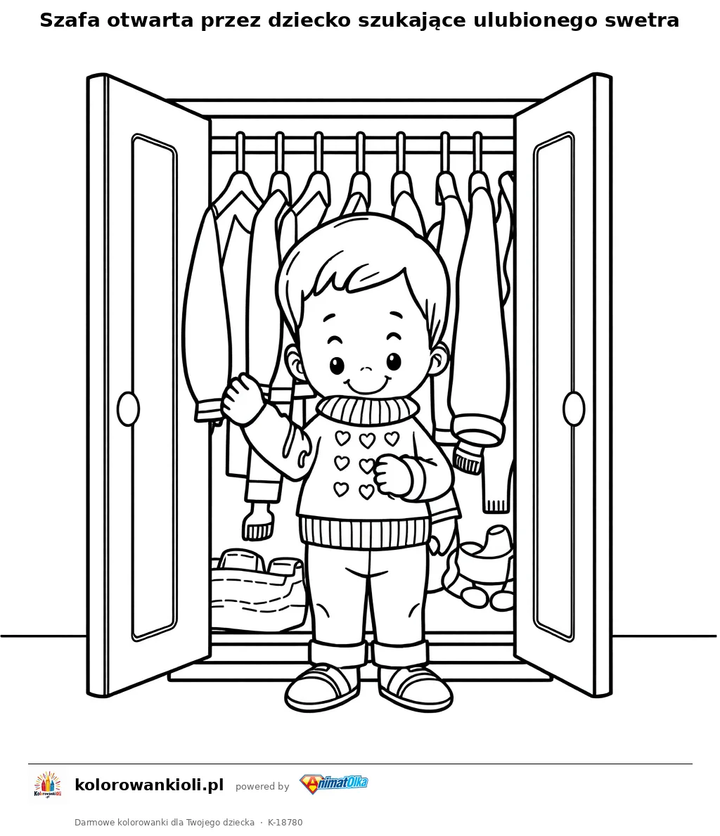 Szafa otwarta przez dziecko szukające ulubionego swetra — kolorowanka do wydruku dla dzieci