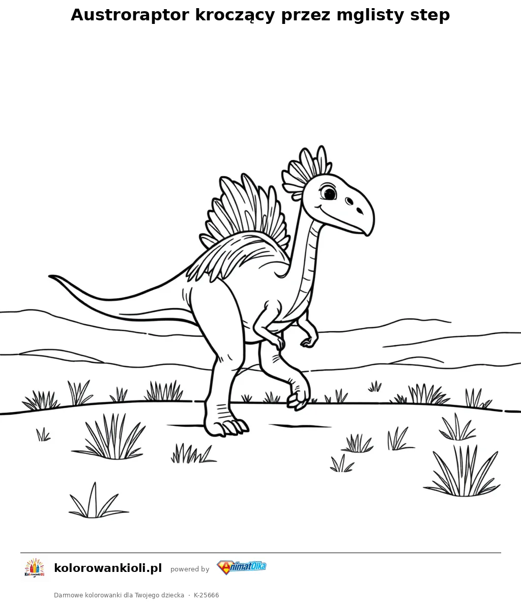Austroraptor kroczący przez mglisty step — kolorowanka do wydruku dla dzieci