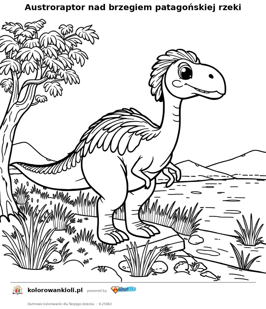 Austroraptor nad brzegiem patagońskiej rzeki — kolorowanka do wydruku dla dzieci