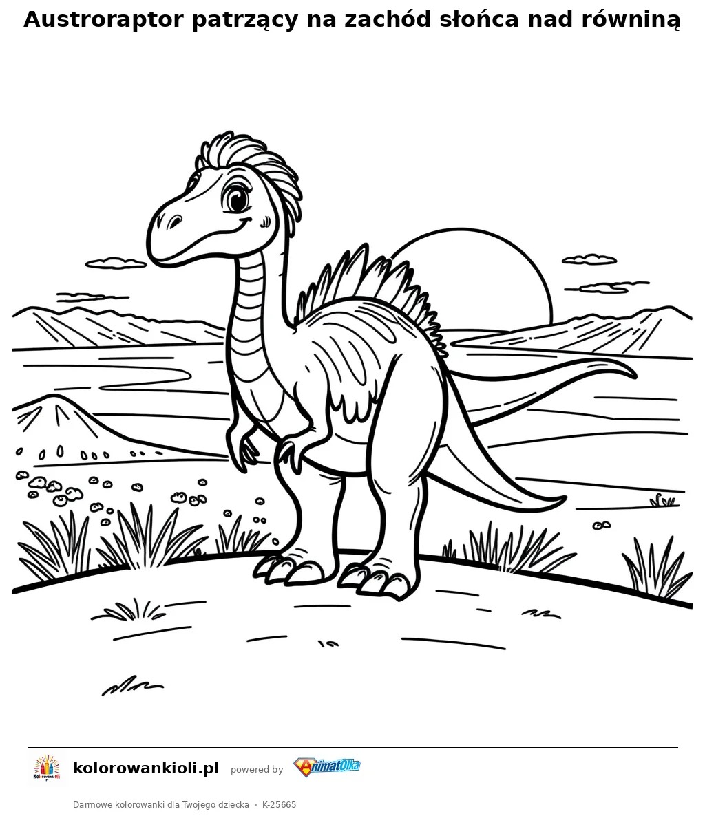 Austroraptor patrzący na zachód słońca nad równiną — kolorowanka do wydruku dla dzieci