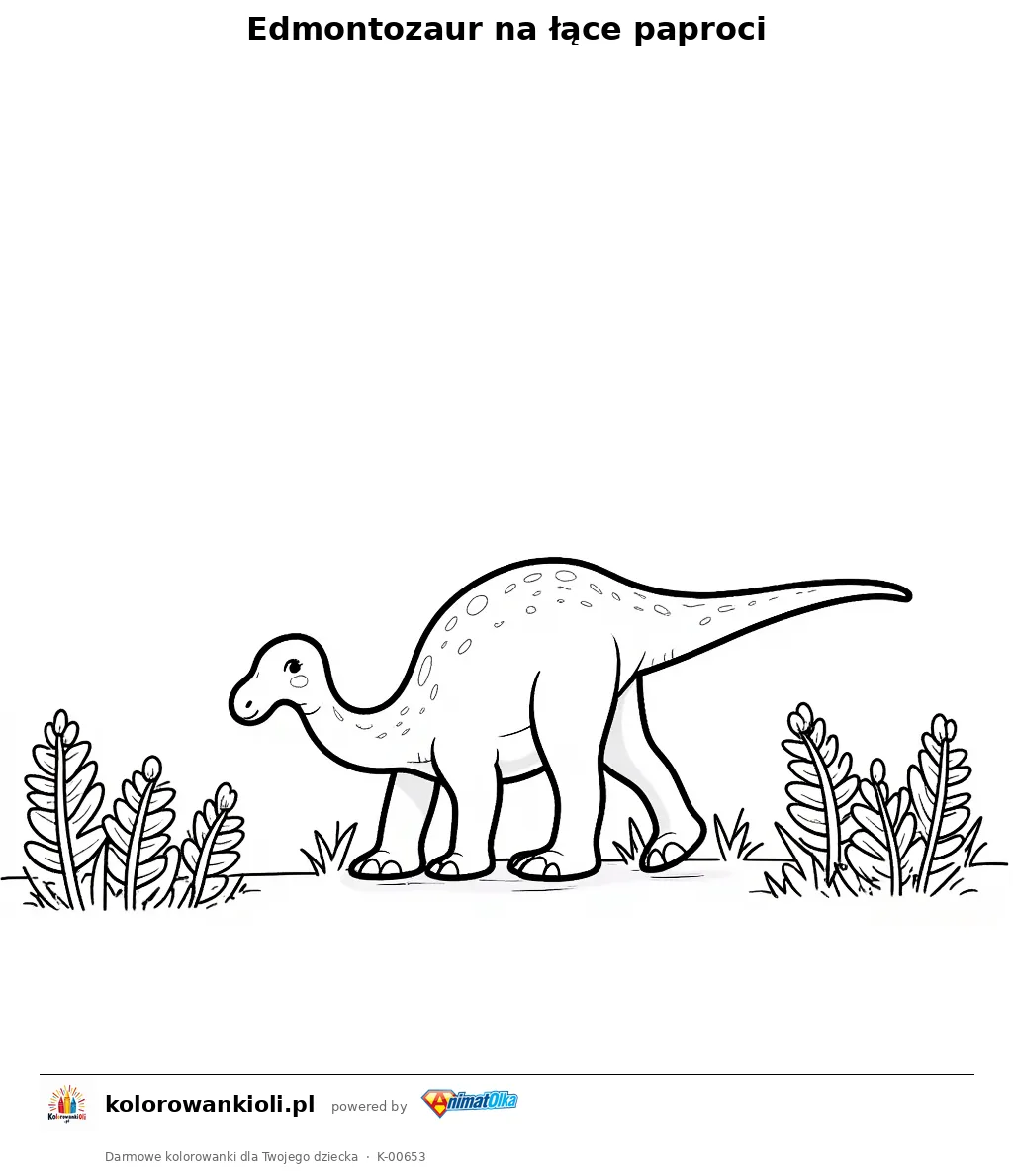 Edmontozaur na łące paproci — kolorowanka do wydruku dla dzieci