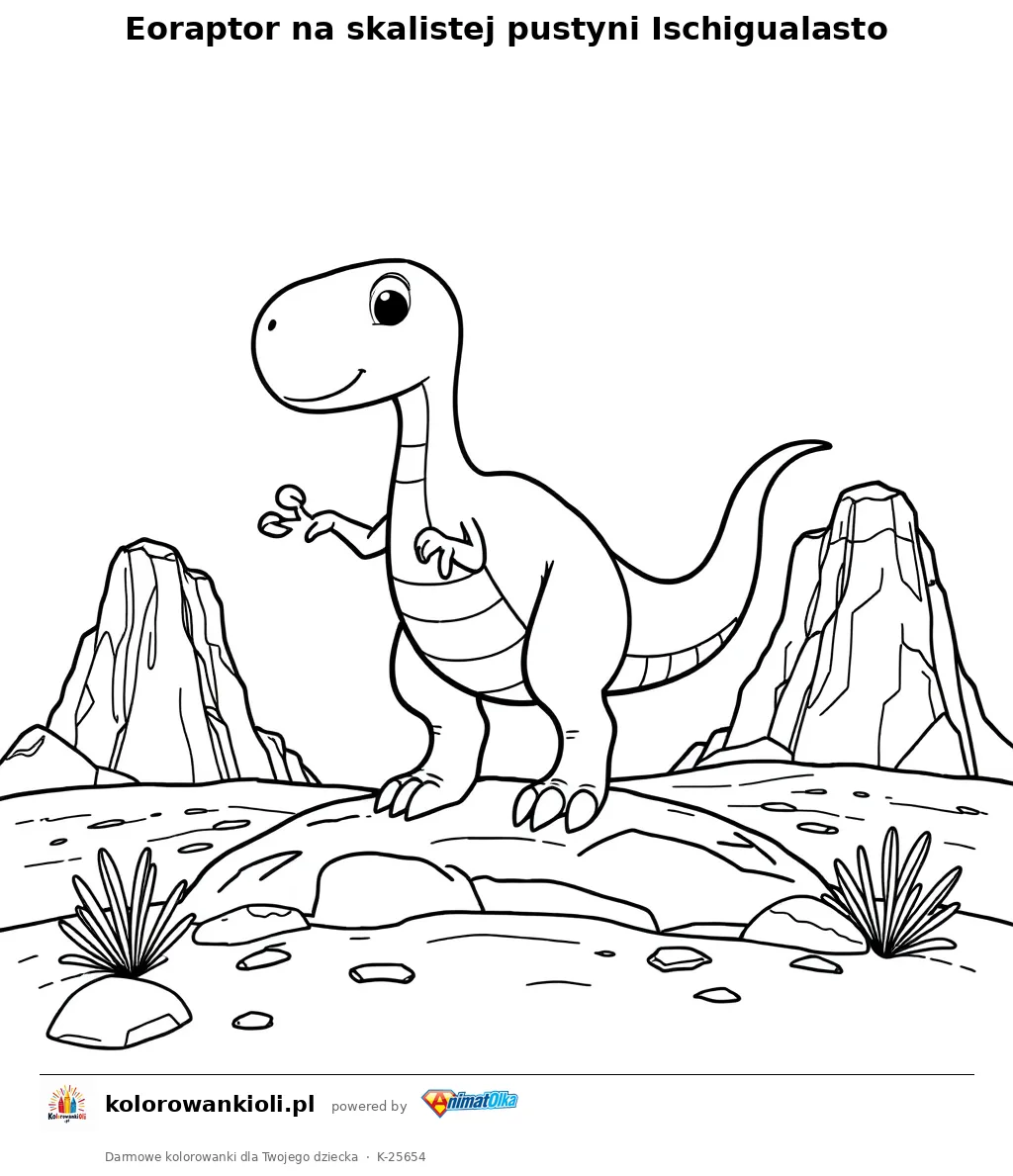 Eoraptor na skalistej pustyni Ischigualasto — kolorowanka do wydruku dla dzieci