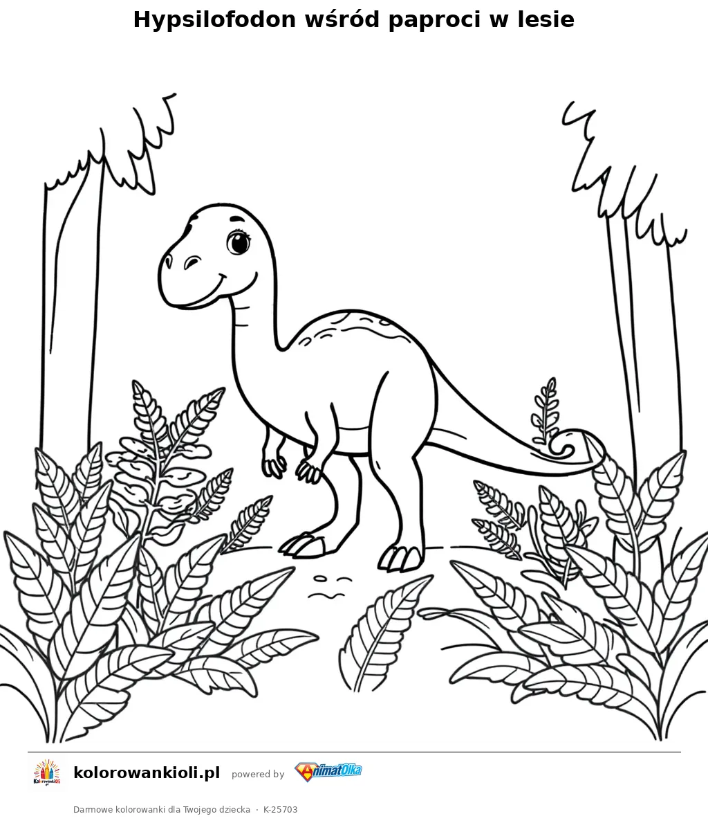 Hypsilofodon wśród paproci w lesie — kolorowanka do wydruku dla dzieci