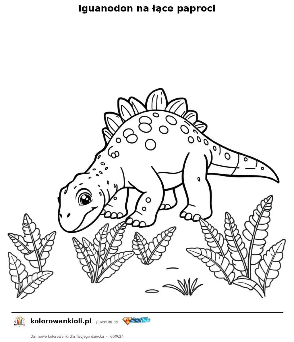 Iguanodon na łące paproci — kolorowanka do wydruku dla dzieci