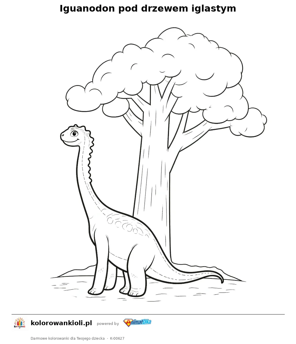 Iguanodon pod drzewem iglastym — kolorowanka do wydruku dla dzieci