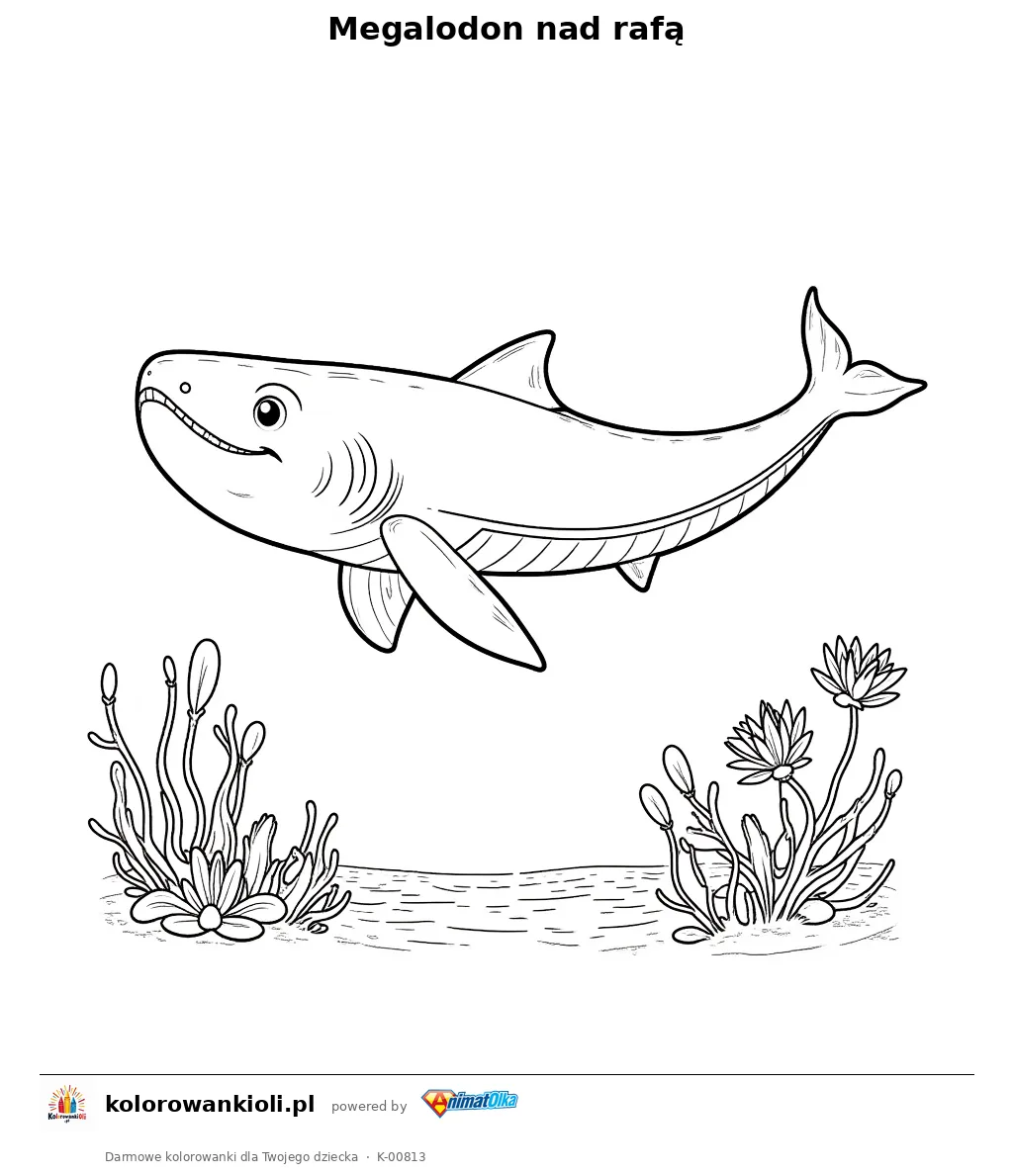 Megalodon nad rafą — kolorowanka do wydruku dla dzieci
