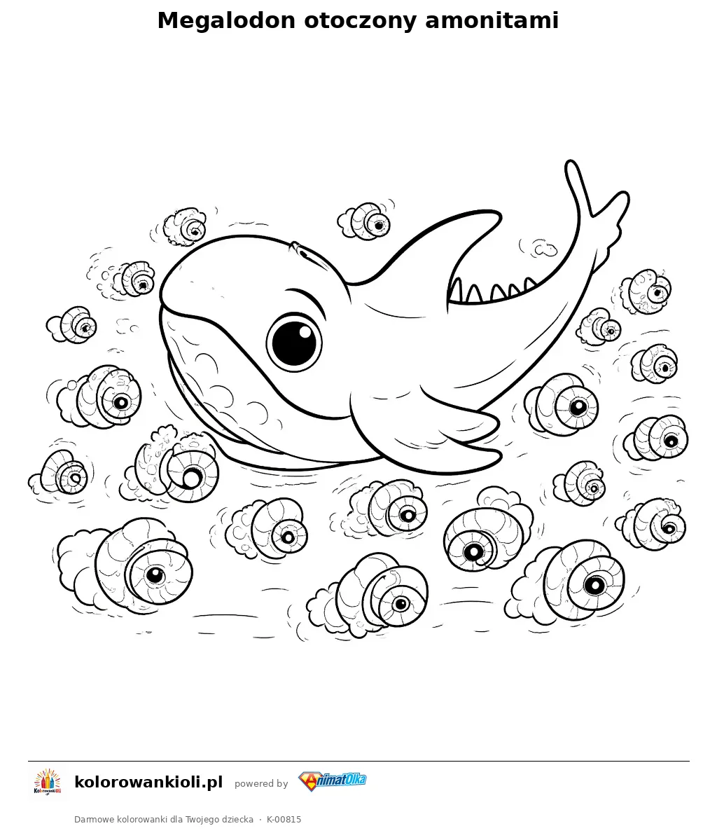 Megalodon otoczony amonitami — kolorowanka do wydruku dla dzieci