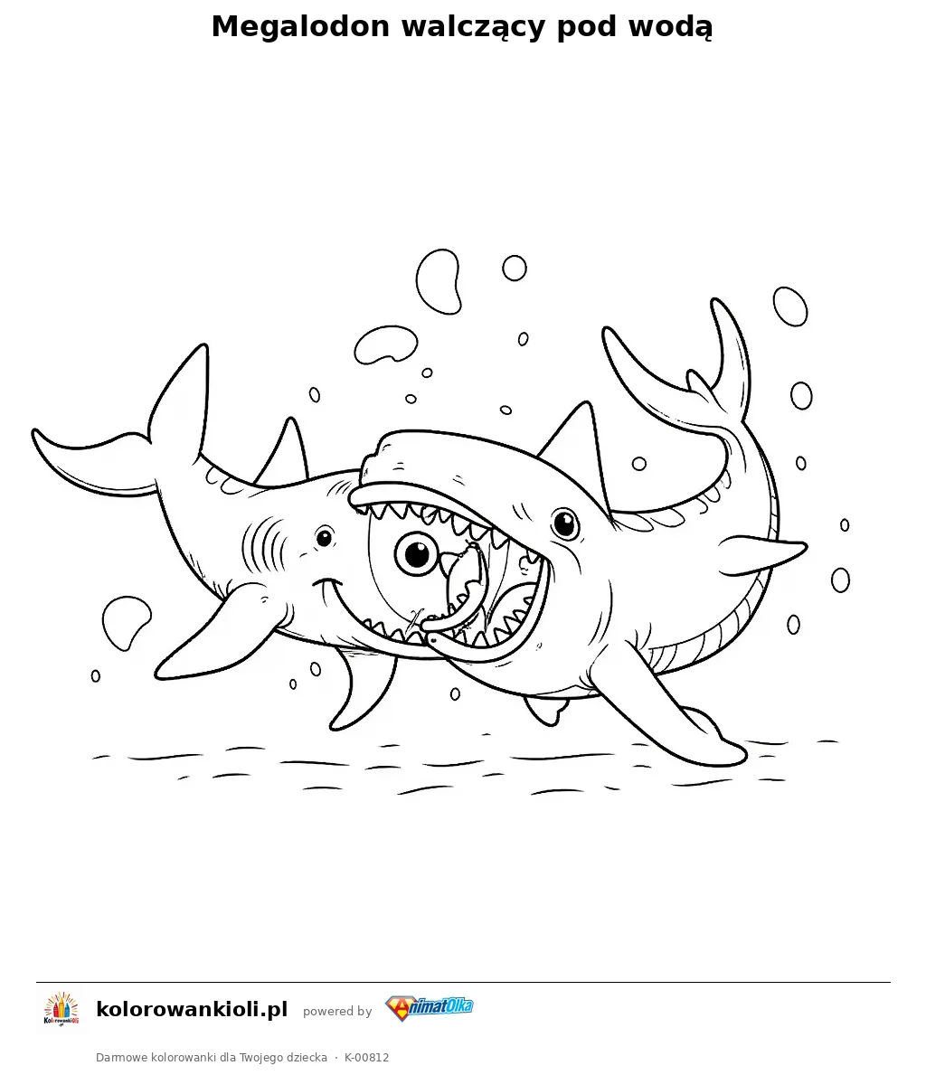 Megalodon walczący pod wodą — kolorowanka do wydruku dla dzieci