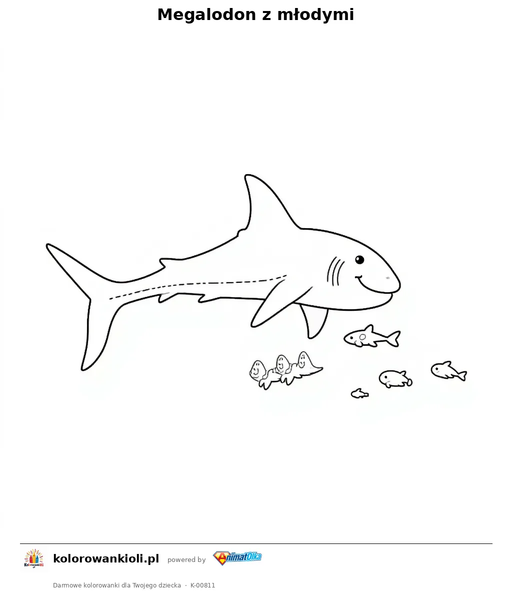 Megalodon z młodymi — kolorowanka do wydruku dla dzieci