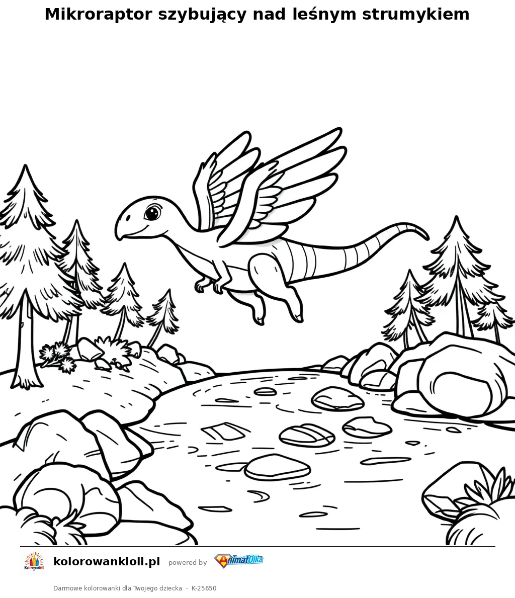 Mikroraptor szybujący nad leśnym strumykiem — kolorowanka do wydruku dla dzieci