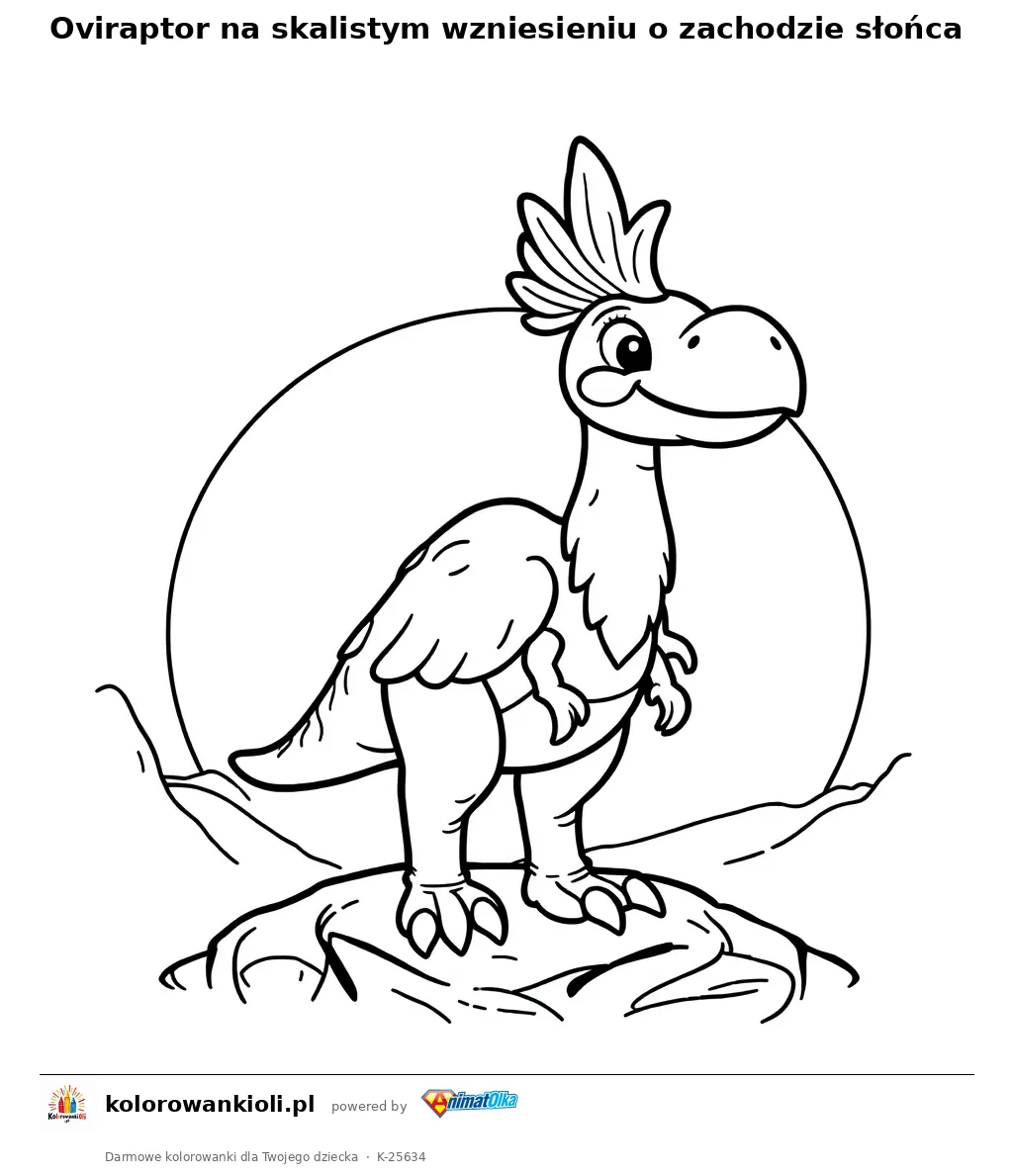 Oviraptor na skalistym wzniesieniu o zachodzie słońca — kolorowanka do wydruku dla dzieci