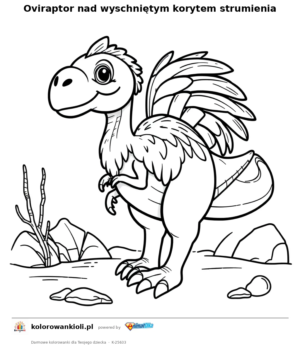 Oviraptor nad wyschniętym korytem strumienia — kolorowanka do wydruku dla dzieci
