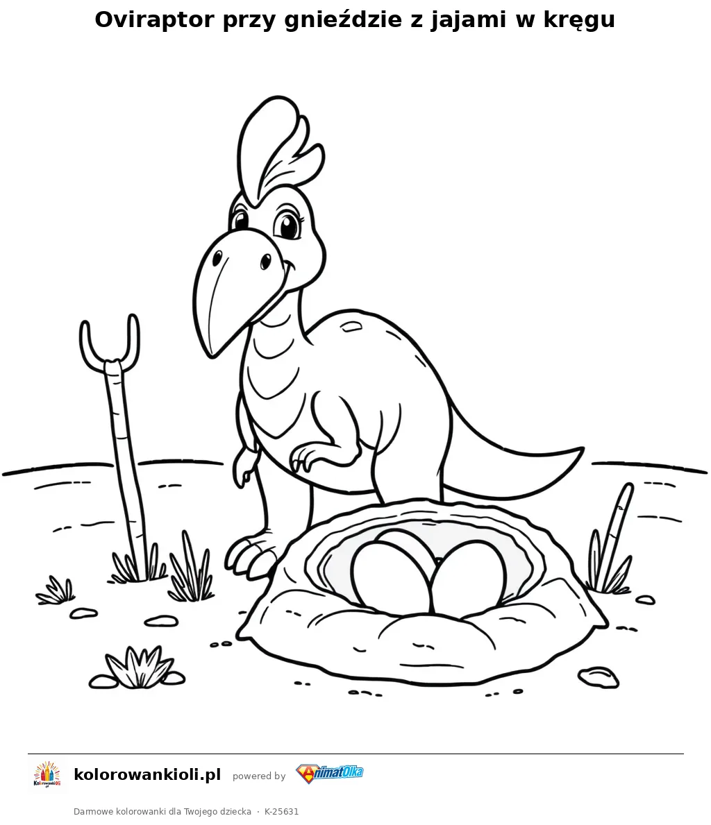 Oviraptor przy gnieździe z jajami w kręgu — kolorowanka do wydruku dla dzieci