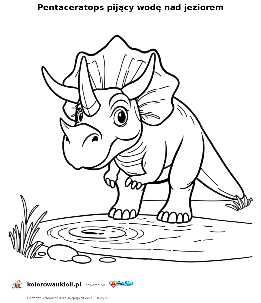 Pentaceratops pijący wodę nad jeziorem — kolorowanka do wydruku dla dzieci