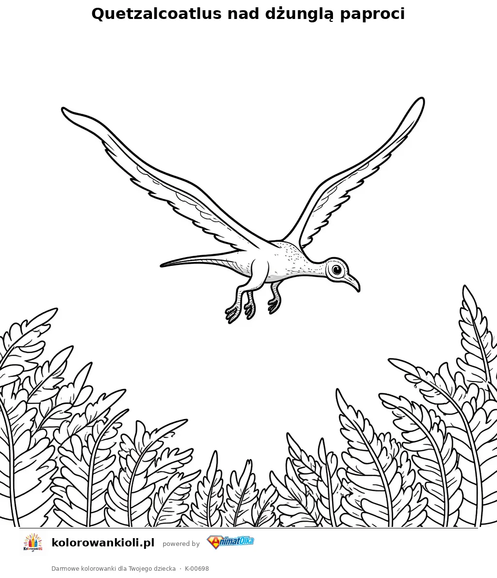 Quetzalcoatlus nad dżunglą paproci — kolorowanka do wydruku dla dzieci