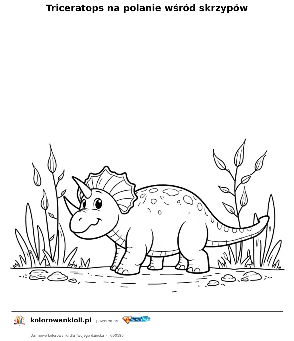 Triceratops na polanie wśród skrzypów — kolorowanka do wydruku dla dzieci