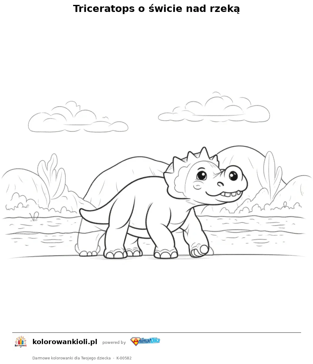 Triceratops o świcie nad rzeką — kolorowanka do wydruku dla dzieci